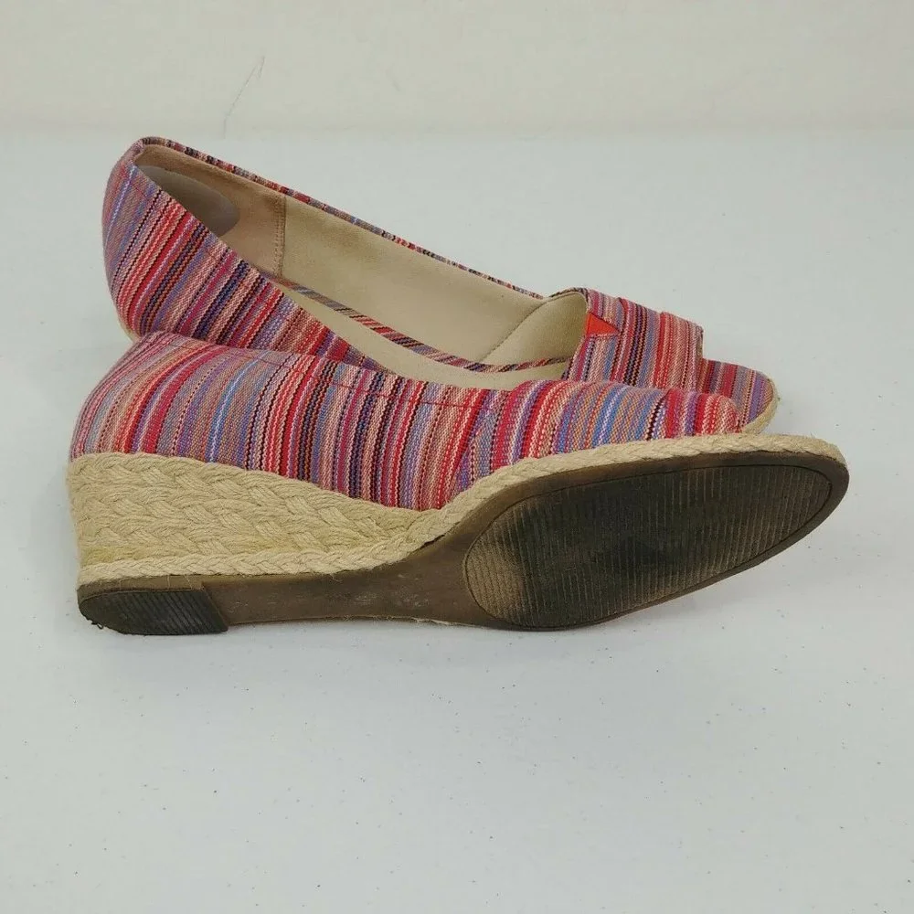 Coach And Four Lucine Stripe Peep Toe Espadrille Wedge Shoes Women's Size 9